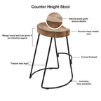 Tabouret de bar dossier bas, marron naturel et noir, assise selle en bois de manguier, 1 place