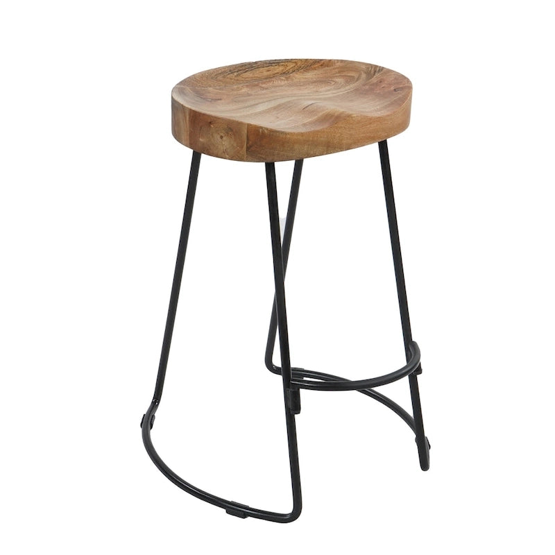 Tabouret de bar dossier bas, marron naturel et noir, assise selle en bois de manguier, 1 place
