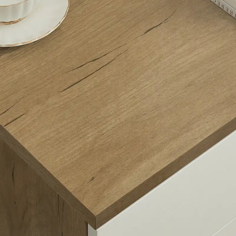 Commode 6 tiroirs blanche et imitation bois, simple