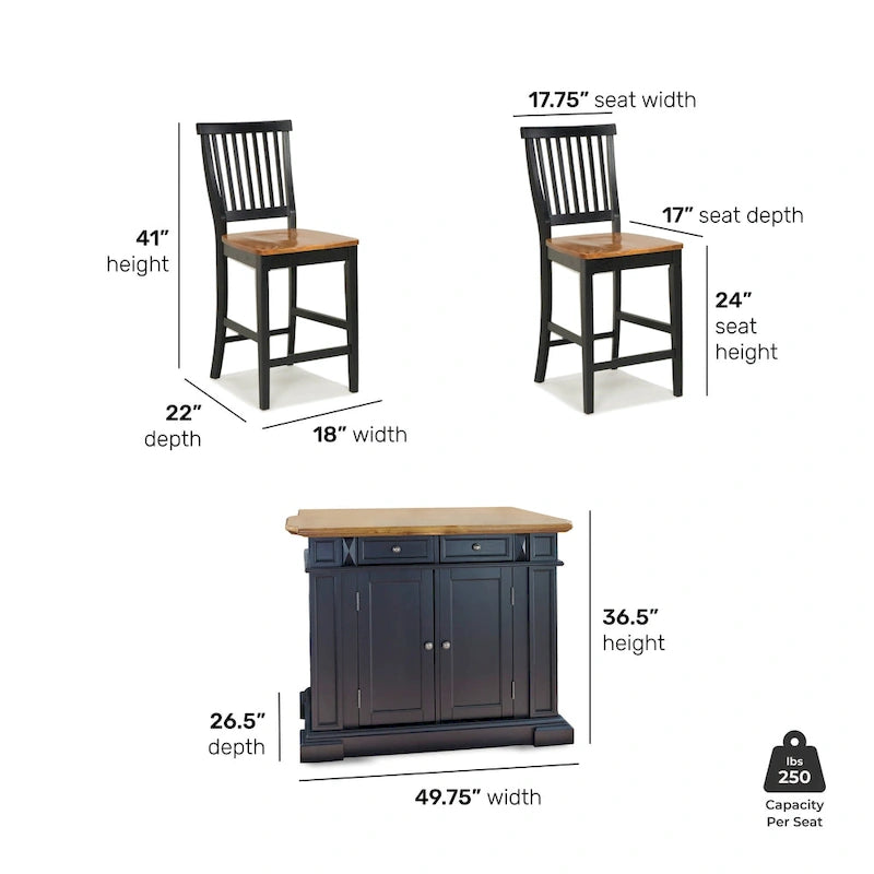 Îlot de cuisine 3 pièces noir/chêne avec plateau en bois et 2 tabourets de bar (2 places)