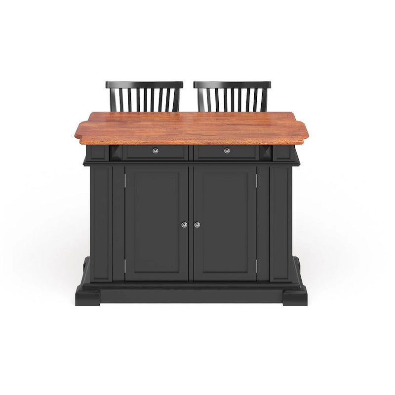 Îlot de cuisine 3 pièces noir/chêne avec plateau en bois et 2 tabourets de bar (2 places)