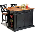 Îlot de cuisine 3 pièces noir/chêne avec plateau en bois et 2 tabourets de bar (2 places)