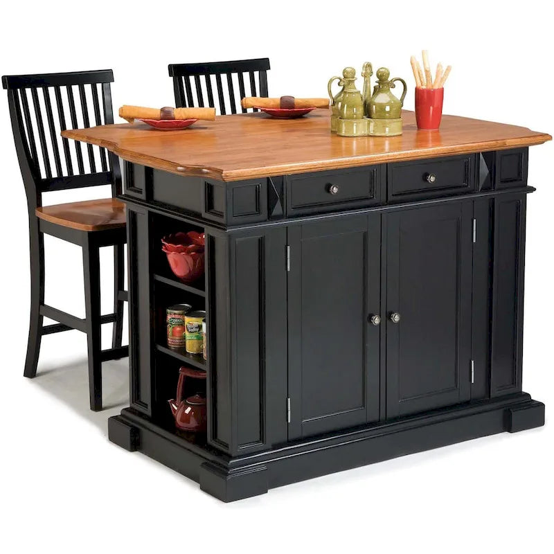 Îlot de cuisine 3 pièces noir/chêne avec plateau en bois et 2 tabourets de bar (2 places)