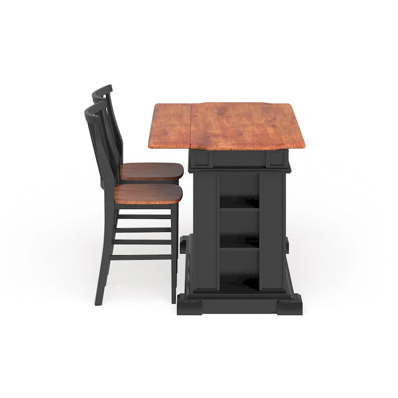 Îlot de cuisine 3 pièces noir/chêne avec plateau en bois et 2 tabourets de bar (2 places)