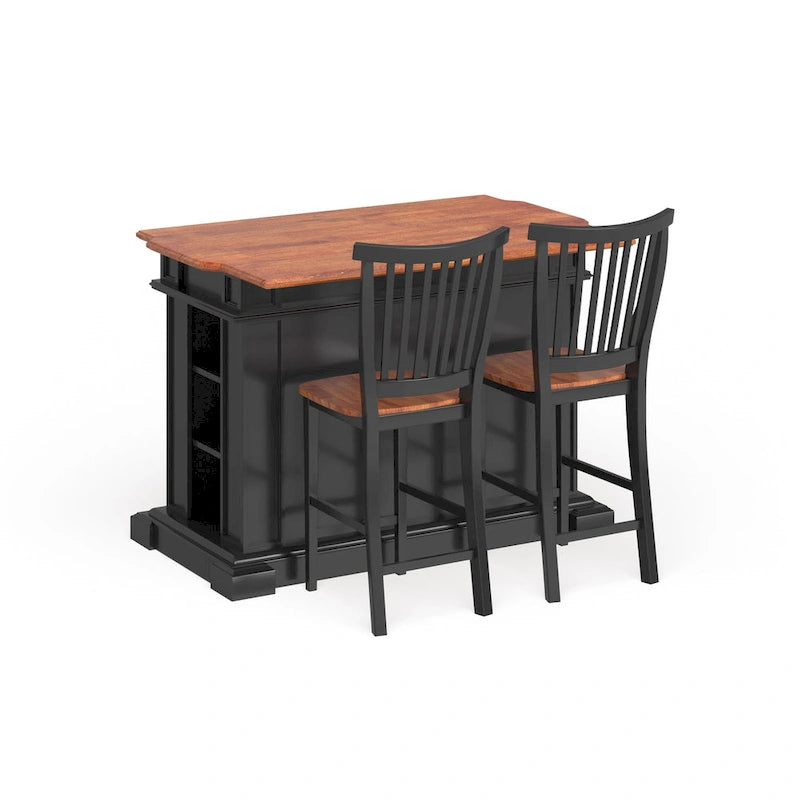Îlot de cuisine 3 pièces noir/chêne avec plateau en bois et 2 tabourets de bar (2 places)