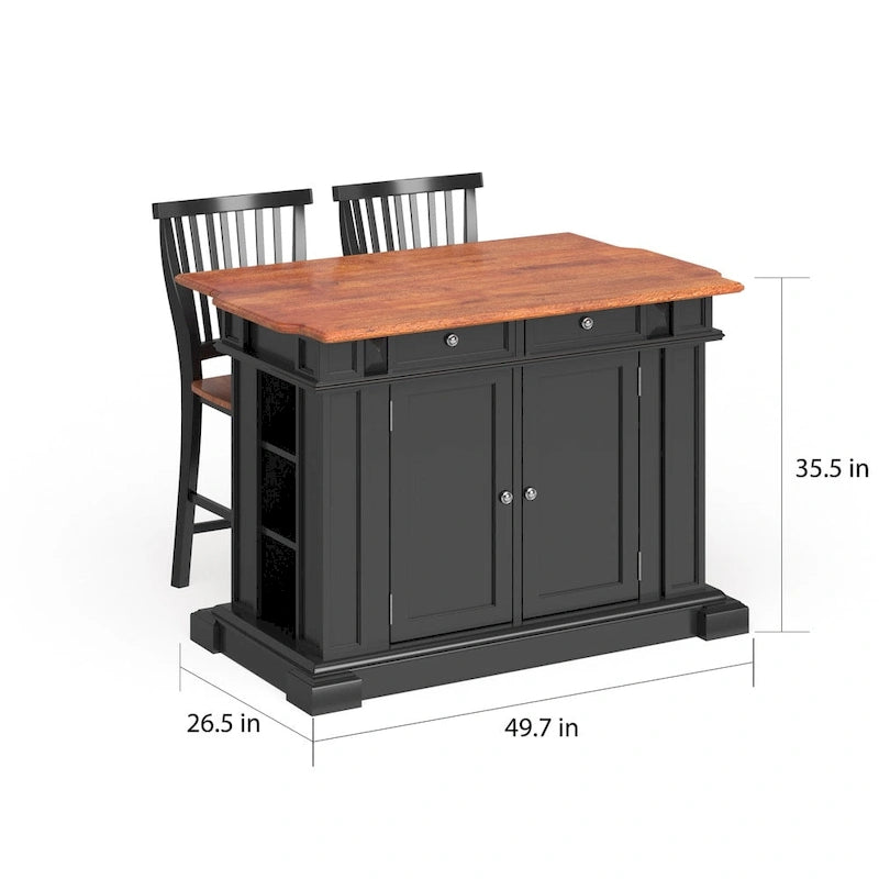 Îlot de cuisine 3 pièces noir/chêne avec plateau en bois et 2 tabourets de bar (2 places)