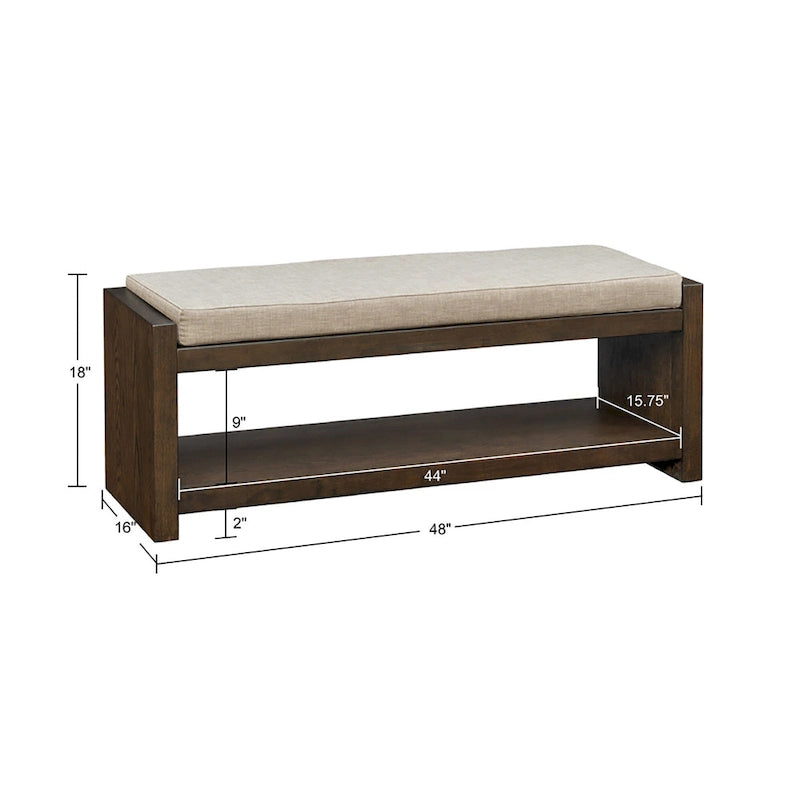 Banc de rangement capitonné marron avec étagère inférieure, 1 personne