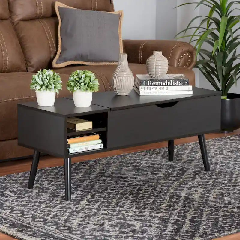 Table basse relevable marron foncé et noire avec rangement – Style moderne, 1 personne
