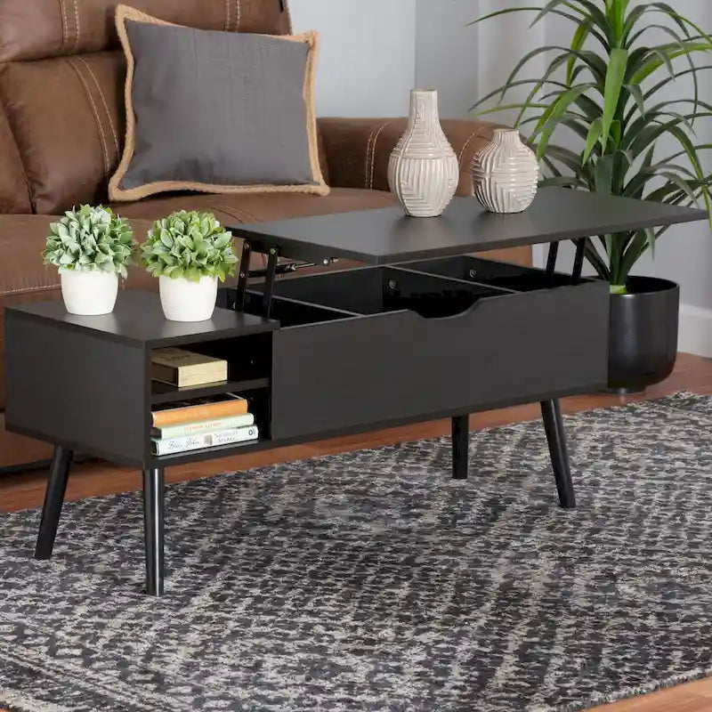 Table basse relevable marron foncé et noire avec rangement – Style moderne, 1 personne