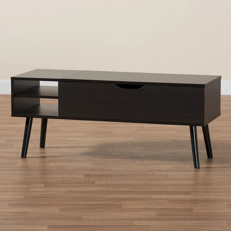 Table basse relevable marron foncé et noire avec rangement – Style moderne, 1 personne