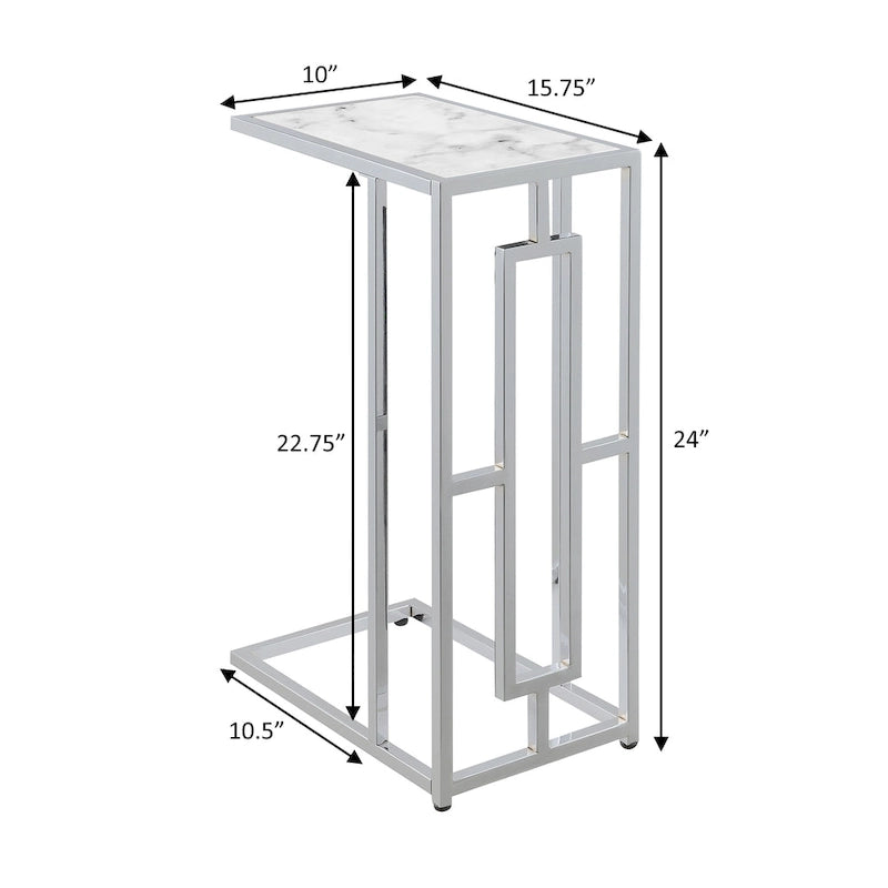 Table d'appoint en forme de C en faux marbre blanc et chrome