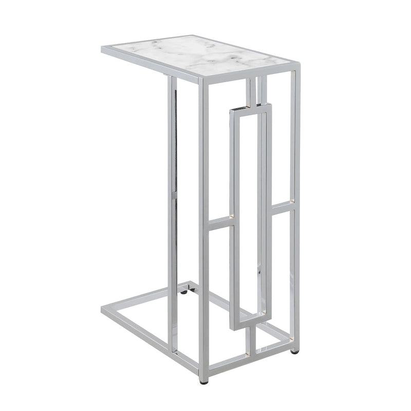 Table d'appoint en forme de C en faux marbre blanc et chrome