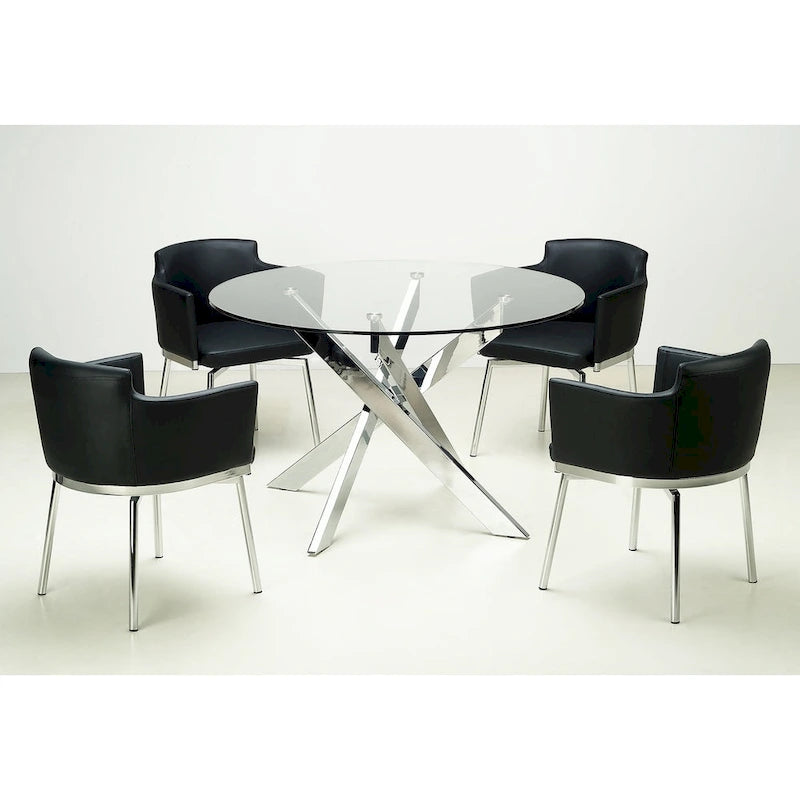 Table à manger ronde en verre argentée, piètement chromé, 4 places