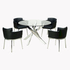 Table à manger ronde en verre argentée, piètement chromé, 4 places