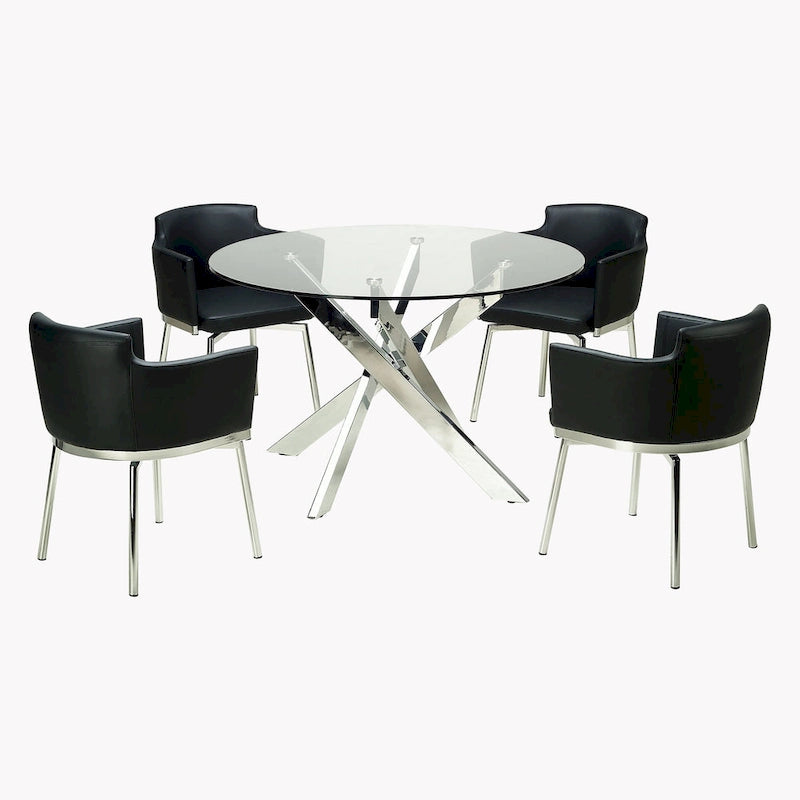 Table à manger ronde en verre argentée, piètement chromé, 4 places