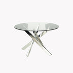 Table à manger ronde en verre argentée, piètement chromé, 4 places