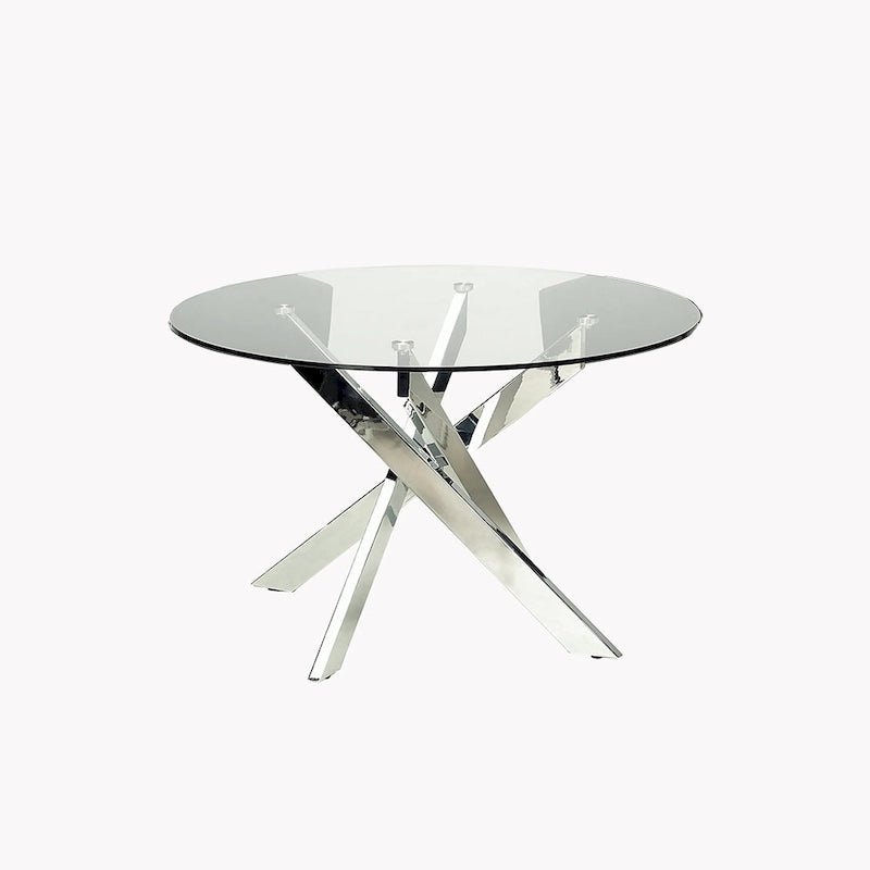 Table à manger ronde en verre argentée, piètement chromé, 4 places