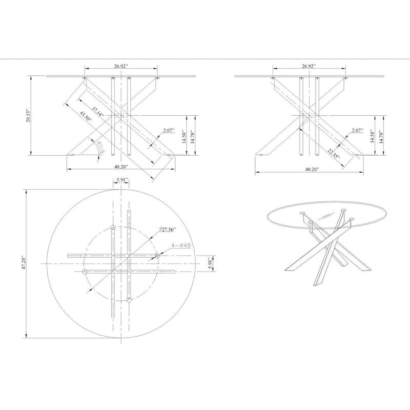 Table à manger ronde en verre argentée, piètement chromé, 4 places