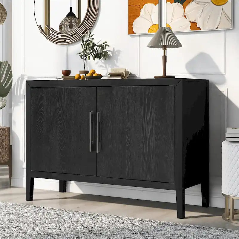 Buffet 2 portes noir/beige/expresso, cadre en bois avec étagère réglable