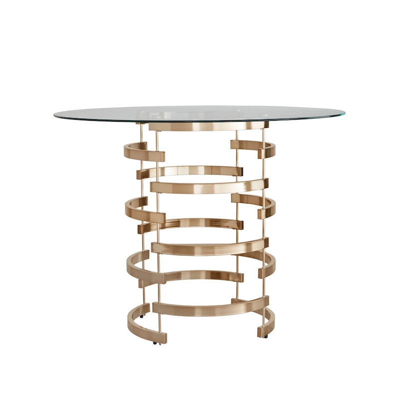 Table de salle à manger à hauteur de comptoir, plateau en verre rond, coloris or champagne et argent, 4 places