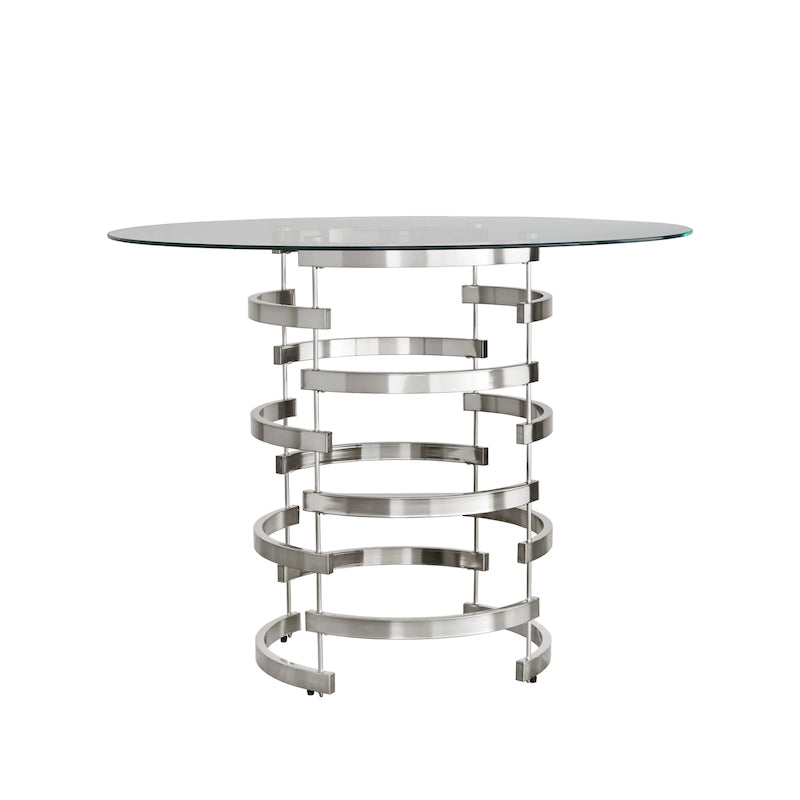 Table de salle à manger à hauteur de comptoir, plateau en verre rond, coloris or champagne et argent, 4 places
