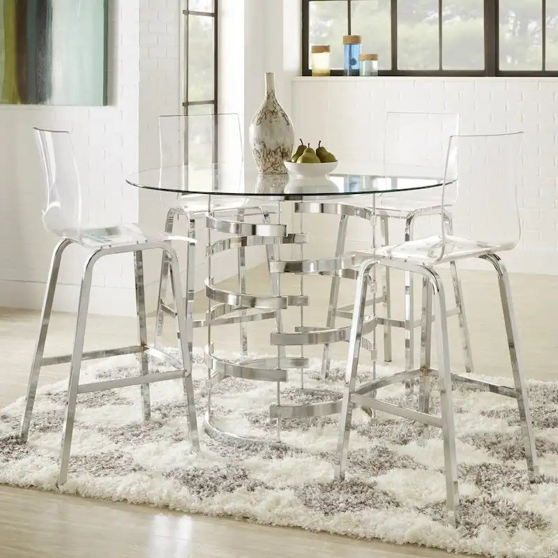Table de salle à manger à hauteur de comptoir, plateau en verre rond, coloris or champagne et argent, 4 places