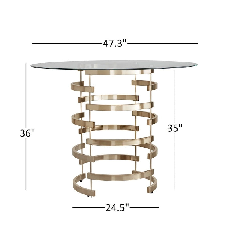 Table de salle à manger à hauteur de comptoir, plateau en verre rond, coloris or champagne et argent, 4 places