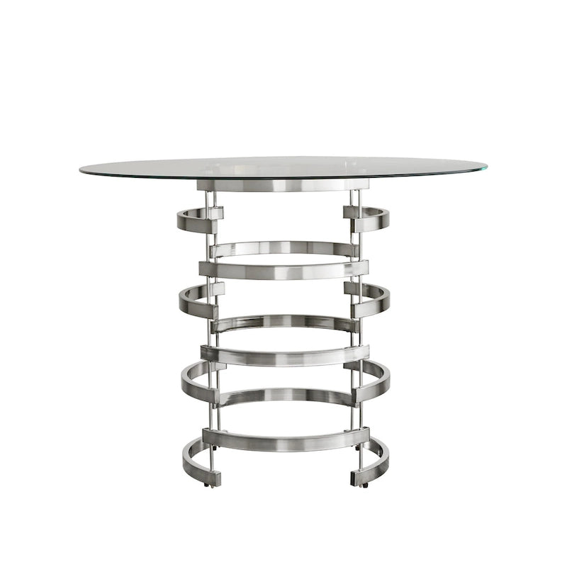 Table de salle à manger à hauteur de comptoir, plateau en verre rond, coloris or champagne et argent, 4 places