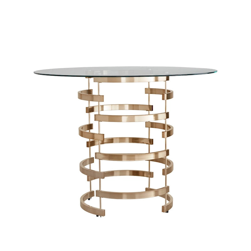 Table de salle à manger à hauteur de comptoir, plateau en verre rond, coloris or champagne et argent, 4 places