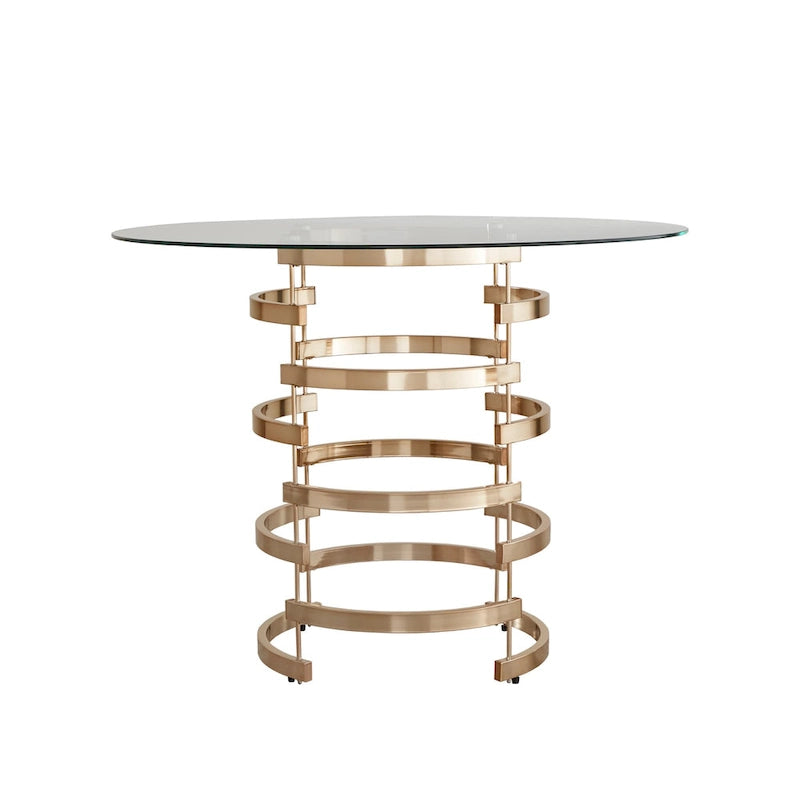 Table de salle à manger à hauteur de comptoir, plateau en verre rond, coloris or champagne et argent, 4 places