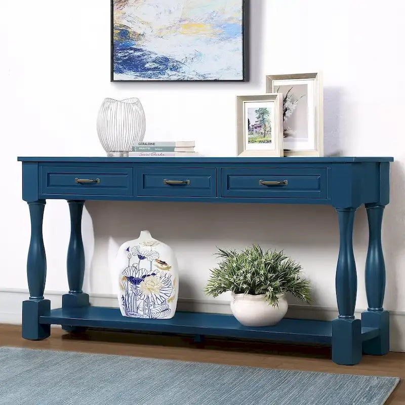 Marron/Bleu Rétro/Blanc Antique/Bleu Marine/Espresso – Table console mi-siècle de 160 cm, 3 tiroirs, assemblage par 1 personne