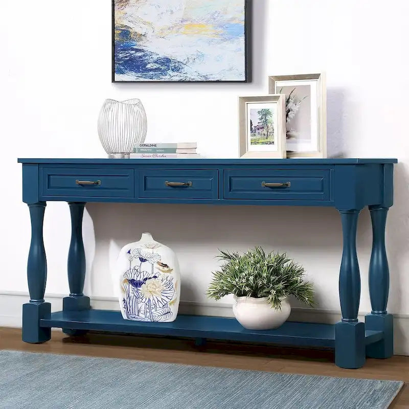 Marron/Bleu Rétro/Blanc Antique/Bleu Marine/Espresso – Table console mi-siècle de 160 cm, 3 tiroirs, assemblage par 1 personne