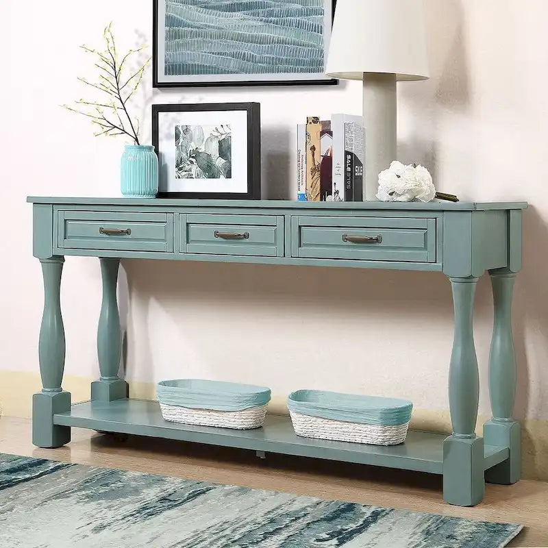 Marron/Bleu Rétro/Blanc Antique/Bleu Marine/Espresso – Table console mi-siècle de 160 cm, 3 tiroirs, assemblage par 1 personne