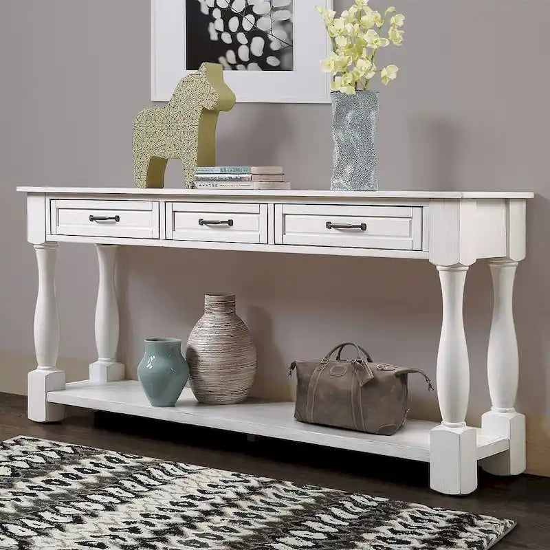 Marron/Bleu Rétro/Blanc Antique/Bleu Marine/Espresso – Table console mi-siècle de 160 cm, 3 tiroirs, assemblage par 1 personne