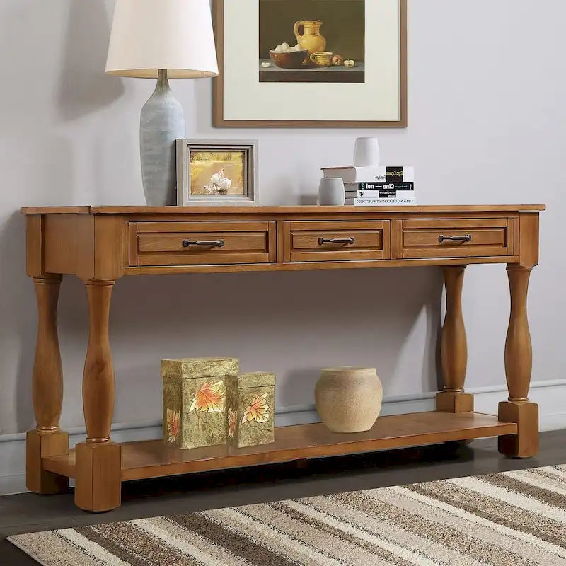 Marron/Bleu Rétro/Blanc Antique/Bleu Marine/Espresso – Table console mi-siècle de 160 cm, 3 tiroirs, assemblage par 1 personne