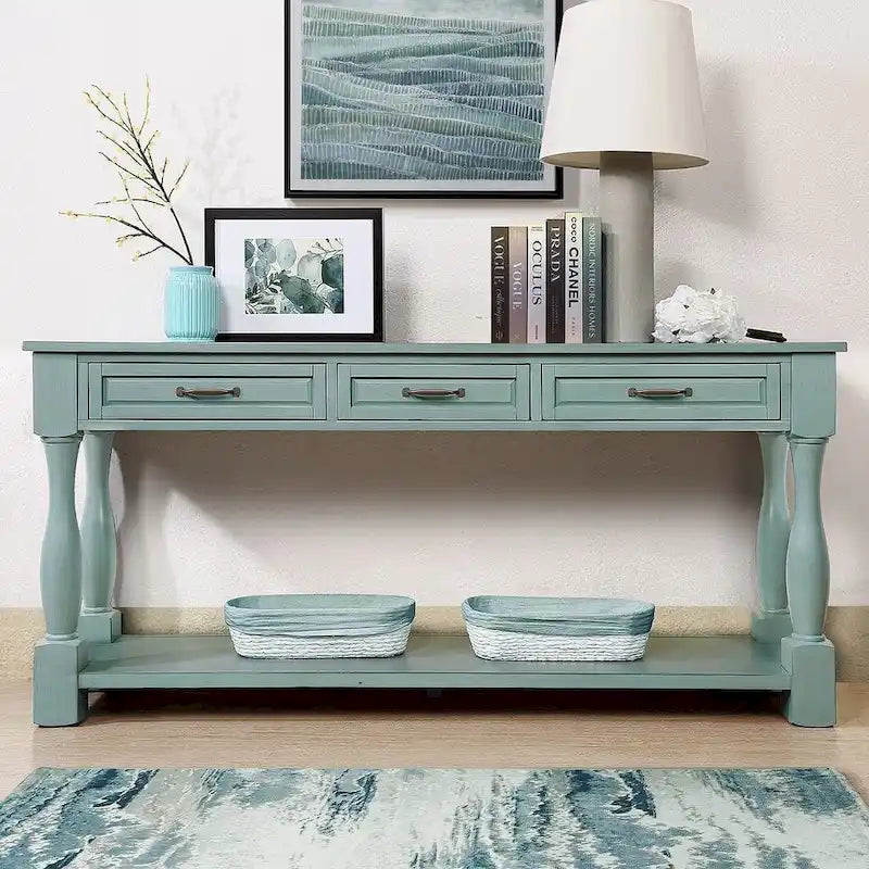 Marron/Bleu Rétro/Blanc Antique/Bleu Marine/Espresso – Table console mi-siècle de 160 cm, 3 tiroirs, assemblage par 1 personne