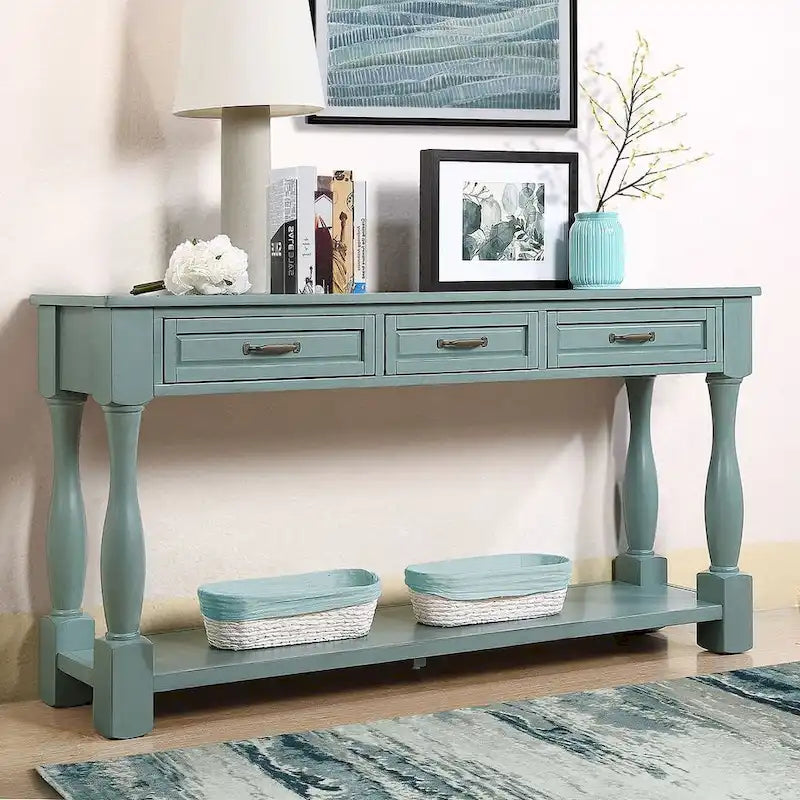 Marron/Bleu Rétro/Blanc Antique/Bleu Marine/Espresso – Table console mi-siècle de 160 cm, 3 tiroirs, assemblage par 1 personne