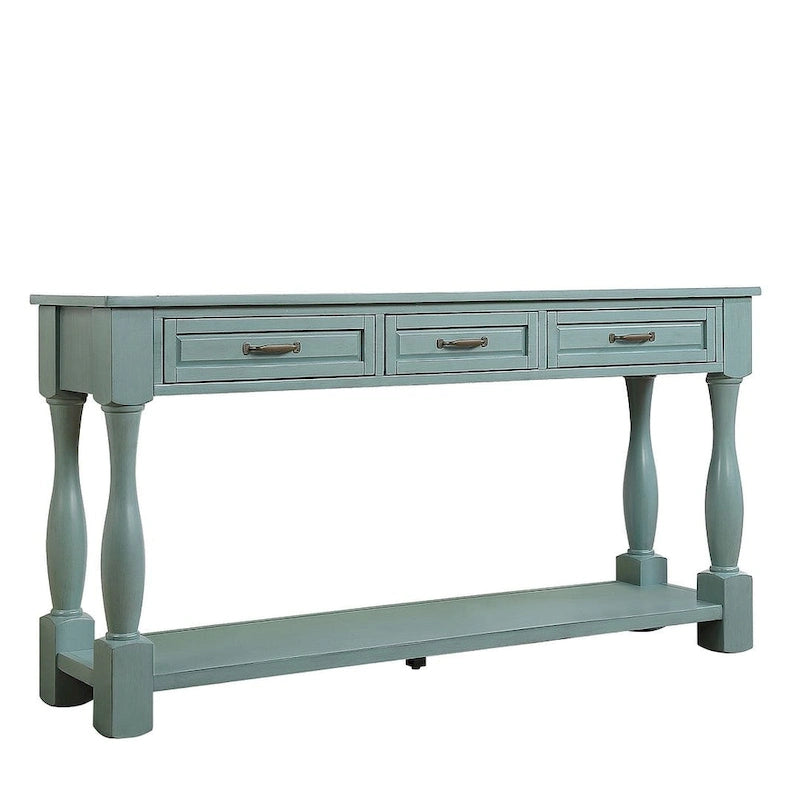 Marron/Bleu Rétro/Blanc Antique/Bleu Marine/Espresso – Table console mi-siècle de 160 cm, 3 tiroirs, assemblage par 1 personne
