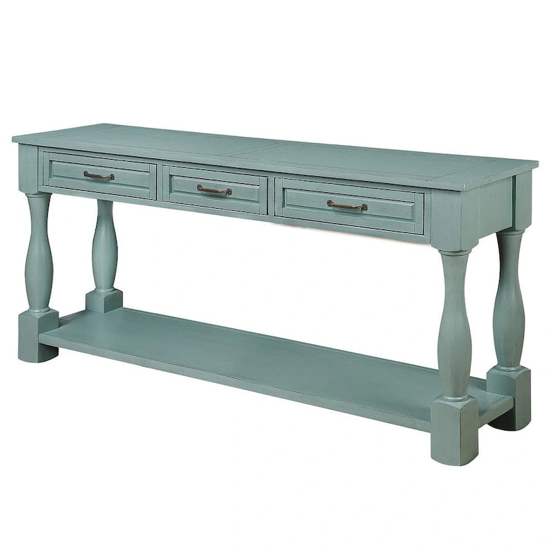 Marron/Bleu Rétro/Blanc Antique/Bleu Marine/Espresso – Table console mi-siècle de 160 cm, 3 tiroirs, assemblage par 1 personne