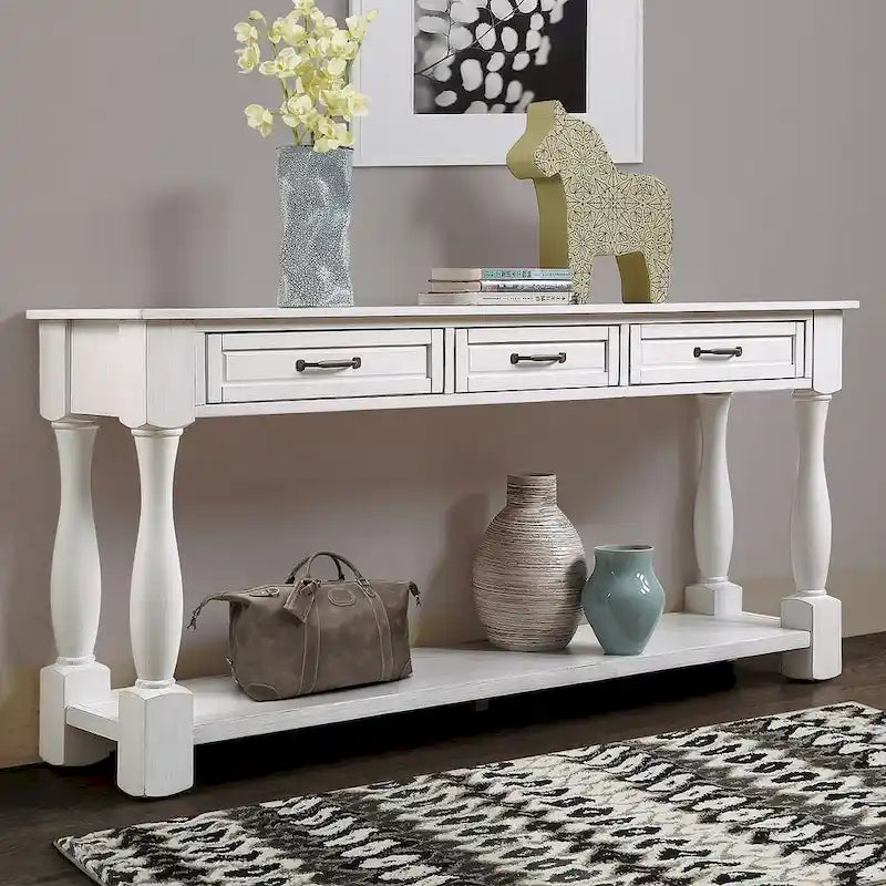 Marron/Bleu Rétro/Blanc Antique/Bleu Marine/Espresso – Table console mi-siècle de 160 cm, 3 tiroirs, assemblage par 1 personne