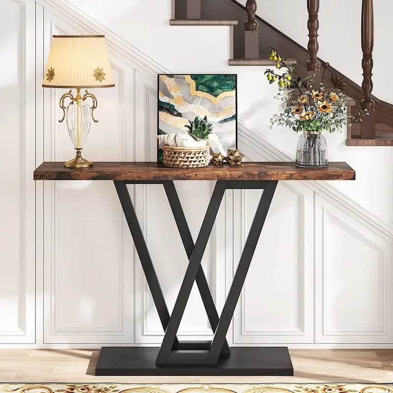 Console Industrielle – Marron Rustique / Blanc Marbre / Gris, Monobloc, Style Entrée & Canapé