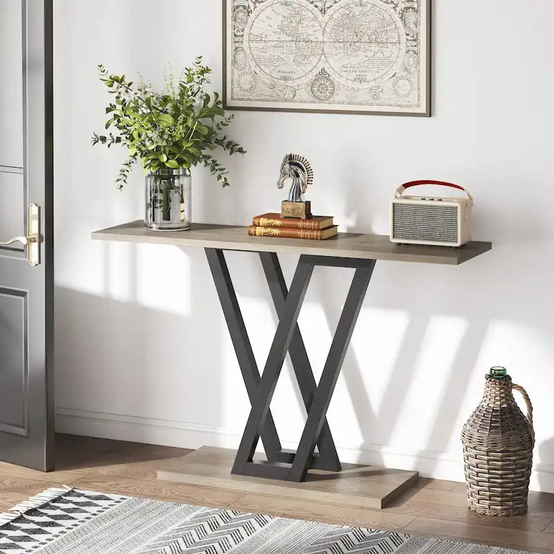 Console Industrielle – Marron Rustique / Blanc Marbre / Gris, Monobloc, Style Entrée & Canapé