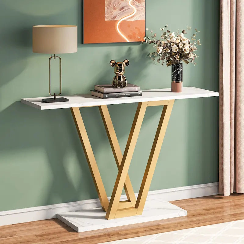 Console Industrielle – Marron Rustique / Blanc Marbre / Gris, Monobloc, Style Entrée & Canapé
