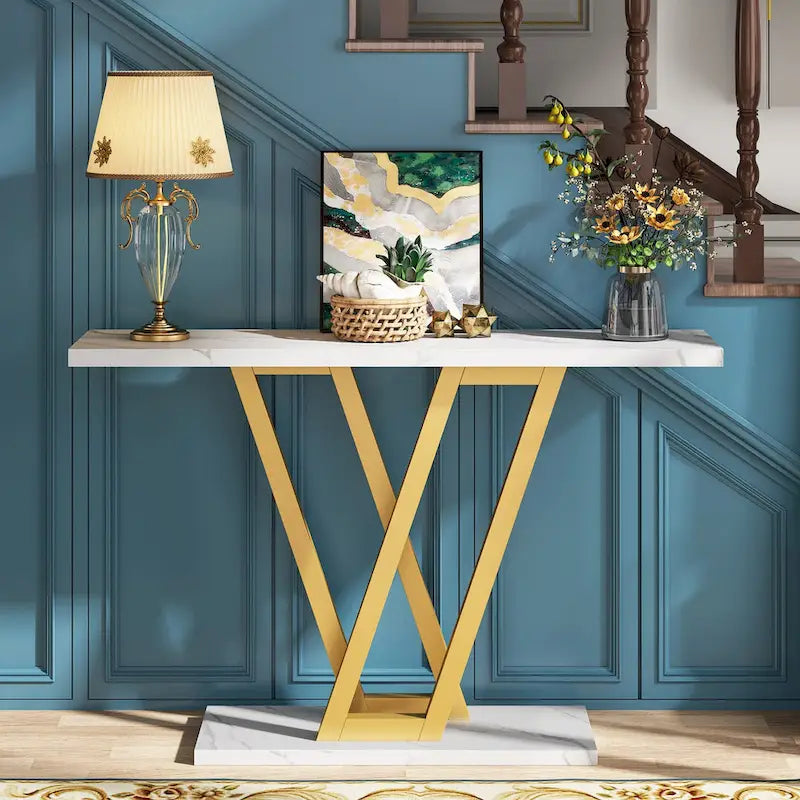 Console Industrielle – Marron Rustique / Blanc Marbre / Gris, Monobloc, Style Entrée & Canapé