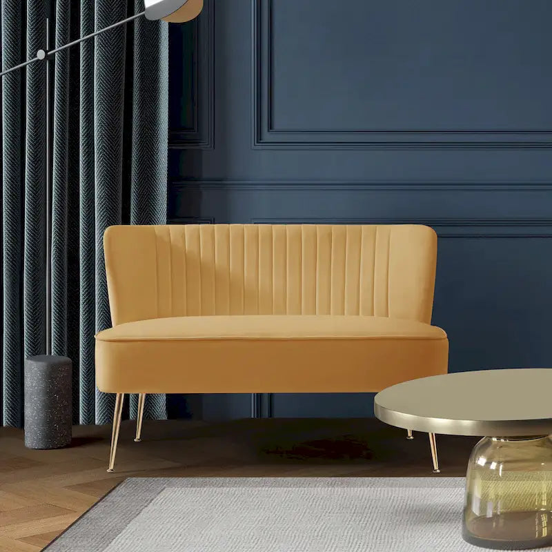 Causeuse sans accoudoirs en velours avec dossier festonné – 2 places, plusieurs coloris