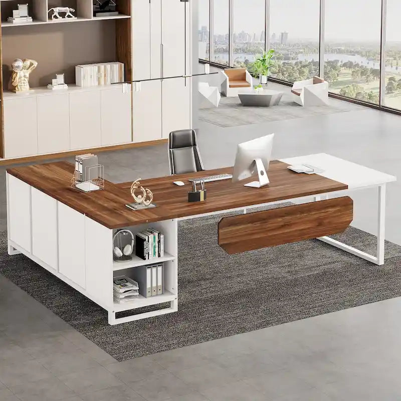 Bureau de direction en L avec classeur – Noyer blanc / Gris noir / Noir marron / Beige, 1 personne
