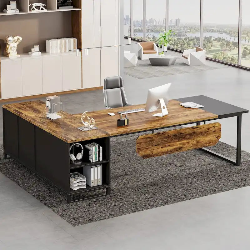 Bureau de direction en L avec classeur – Noyer blanc / Gris noir / Noir marron / Beige, 1 personne