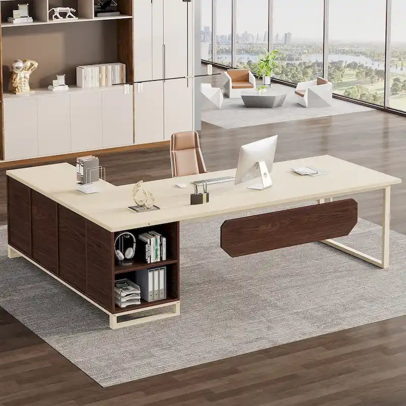 Bureau de direction en L avec classeur – Noyer blanc / Gris noir / Noir marron / Beige, 1 personne