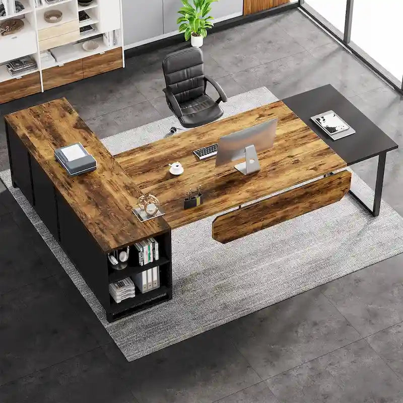 Bureau de direction en L avec classeur – Noyer blanc / Gris noir / Noir marron / Beige, 1 personne