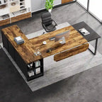 Bureau de direction en L avec classeur – Noyer blanc / Gris noir / Noir marron / Beige, 1 personne